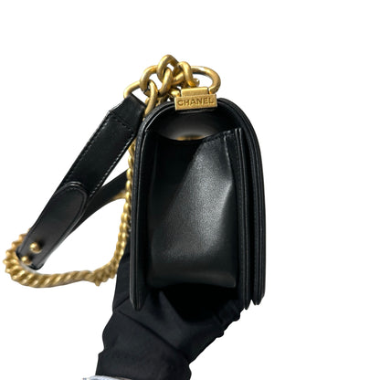 Used CHANEL Lambskin Leather Boy 20cm Shoulder Bag Black GHW