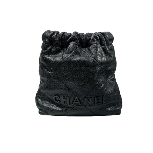 Used CHANEL Calfskin Leather Mini 22 Bucket Bag Black GHW