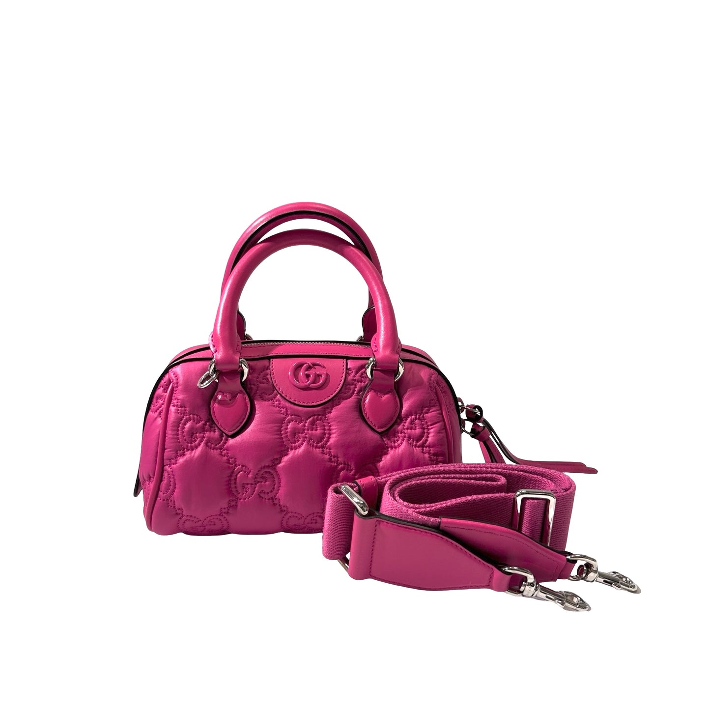 Used GUCCI GG CANVAS Calfskin Leather GG Matelasse Mini Bowling Handbag Pink PHW