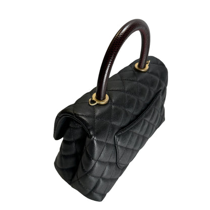 Used CHANEL Quilted Caviar Leather Coco Handle Handbag Black Gold