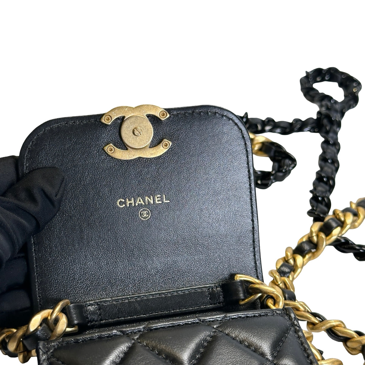 Used CHANEL Quilted Lambskin Chanel 19 Phone Holder Phone Bag Black Gold Ruthenium