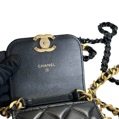 Used CHANEL Quilted Lambskin Chanel 19 Phone Holder Phone Bag Black Gold Ruthenium