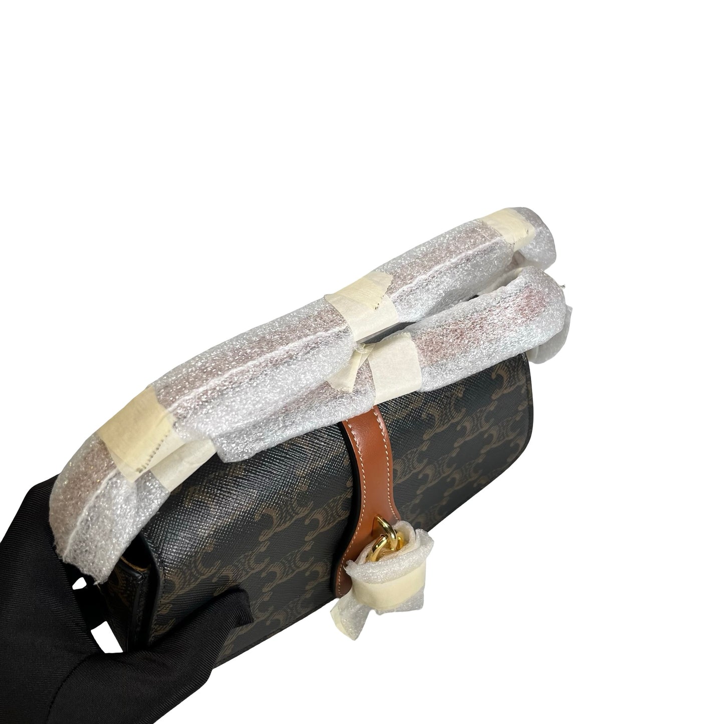 Used CELINE Macadam Triomphe Clutch on strap Shoulder Bag Brown Black GHW