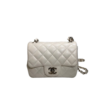 Used CHANEL Quilted Lambskin Classic Mini Rectangular Flap Bag Chain Shoulder Bag White GHW