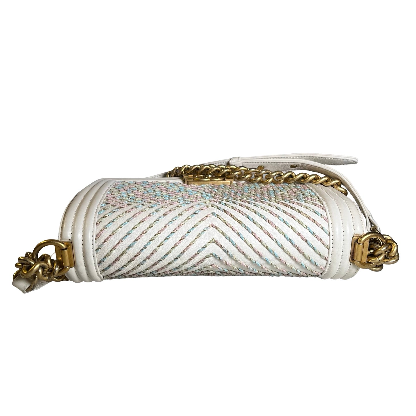 Used CHANEL Chevron Leather Boy Bag Chain Shoulder Bag White Multi-color