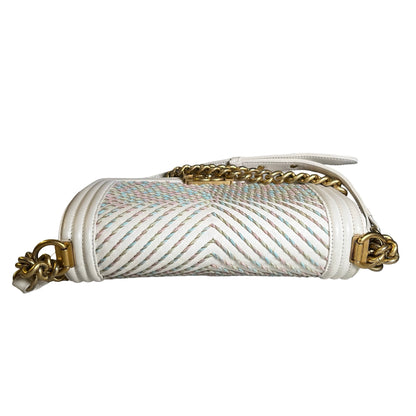 Used CHANEL Chevron Leather Boy Bag Chain Shoulder Bag White Multi-color