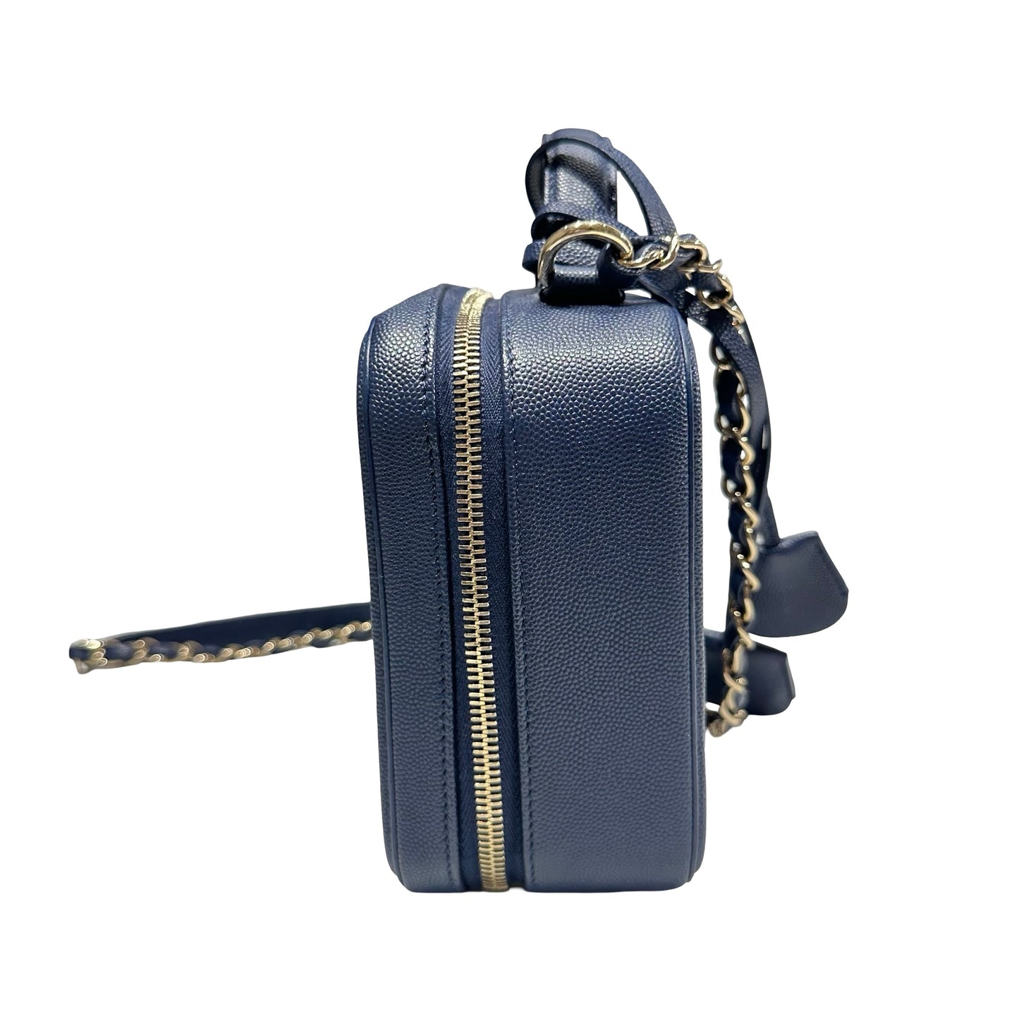 Unused CHANEL Calfskin Leather Vanity Case Navy Blue