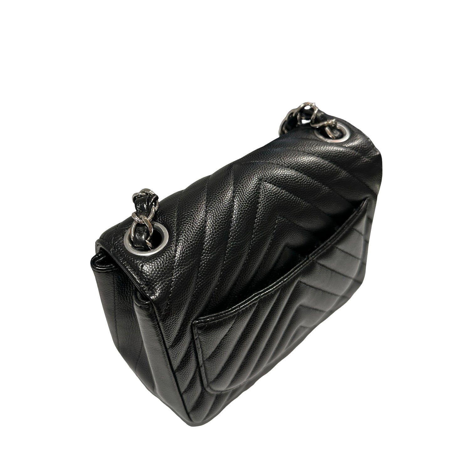 Used CHANEL Caviar Leather Mini Rectangular Flap Chain Shoulder Bag Black PHW