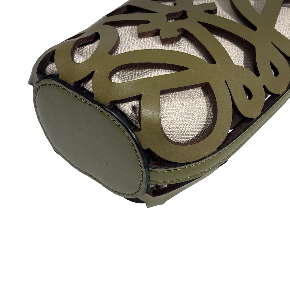 Used LOEWE Leather Canvas Anagram Cutout Pocket Bucket Bag Khaki Beige