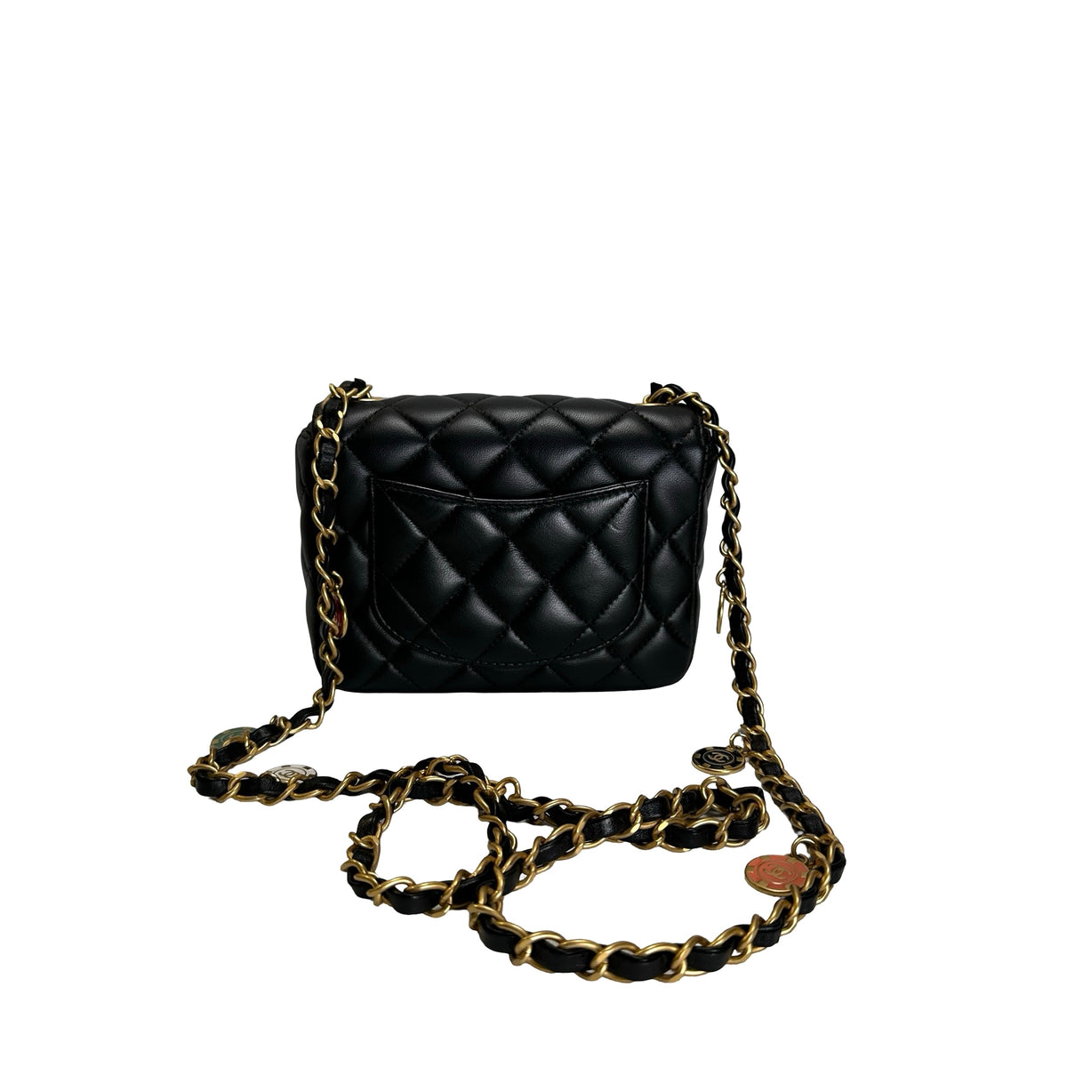 Used CHANEL Quilted Lambskin Mini Flap Bag Shoulder Bag Black Gold