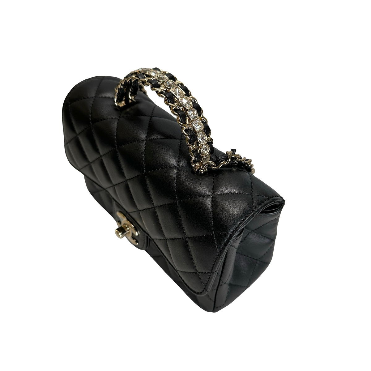 Used CHANEL Quilted Leather Mini Flap Bag with Top Handle Handbag Black