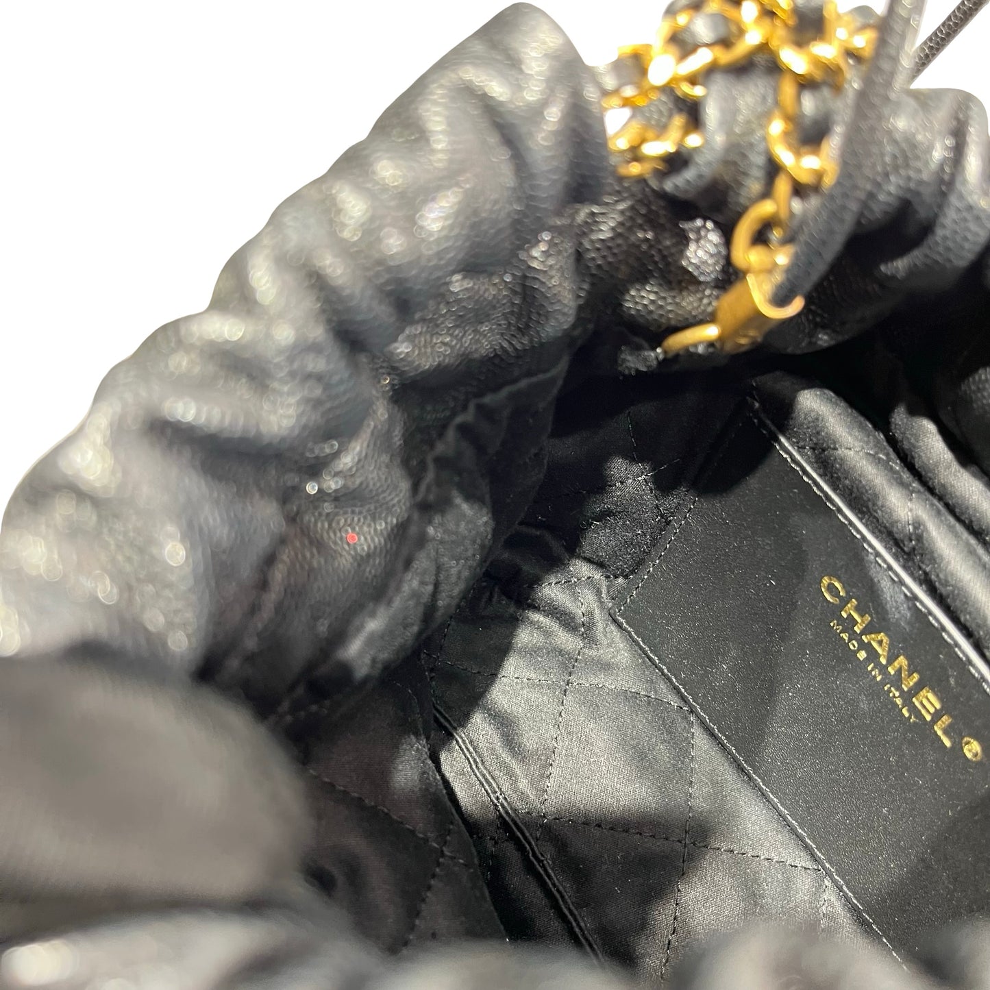 Used CHANEL Calfskin Leather Mini 22 Bucket Bag Black GHW