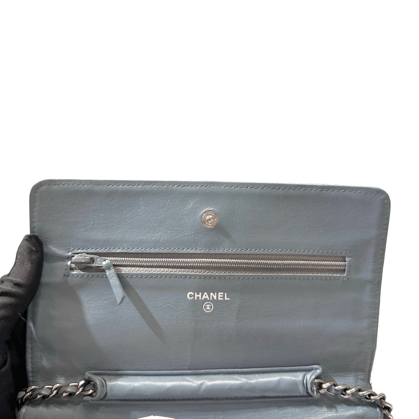 Used Chanel Shiny Calfskin WOC Cross Body Bag Baby Blue PHW