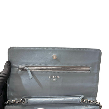 Used Chanel Shiny Calfskin WOC Cross Body Bag Baby Blue PHW
