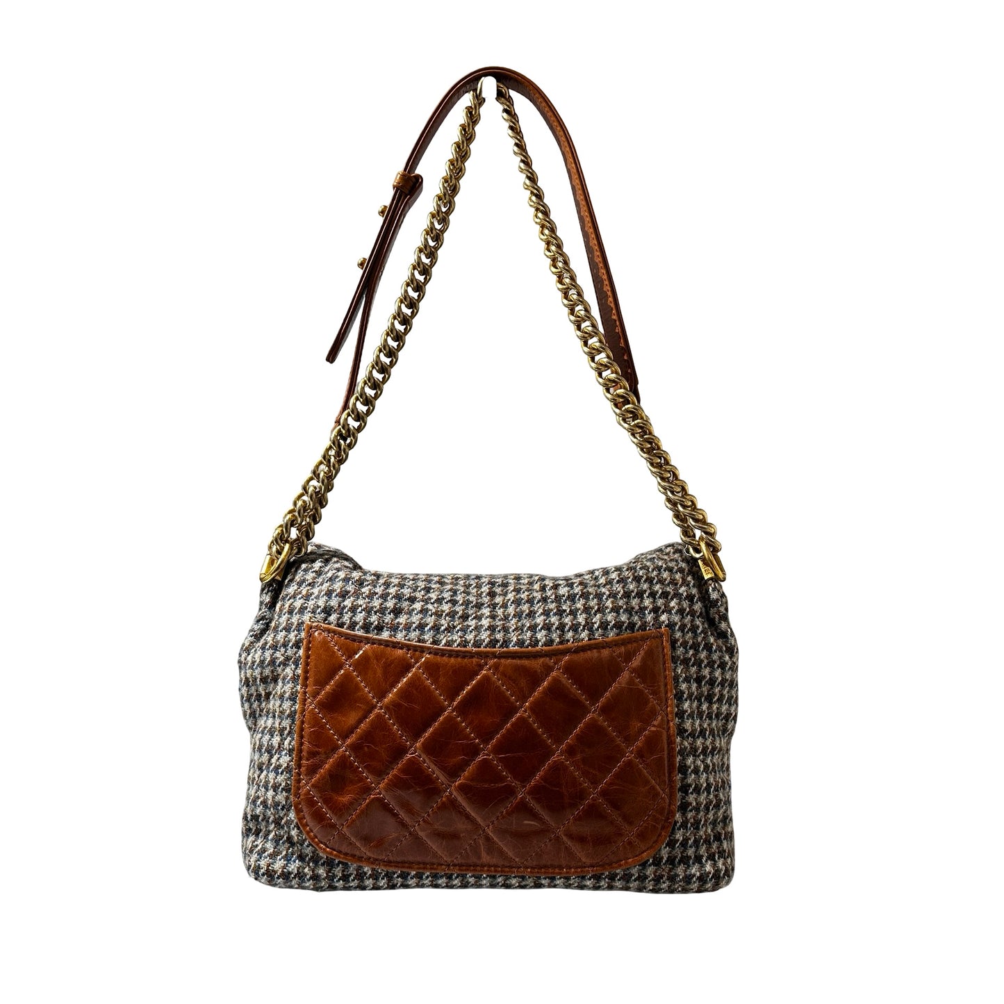 Used CHANEL Houndstooth Tweed Tabatiere Kiss Lock Chain Shoulder Bag Brown Blue Grey GHW