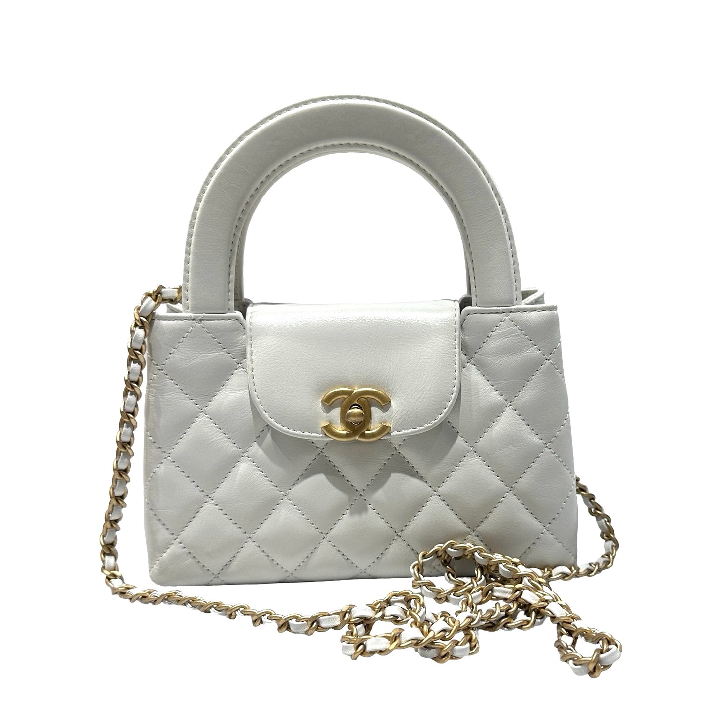 Used CHANEL Shiny Crumpled Calfskin 24A Kelly Shoulder Bag White GHW