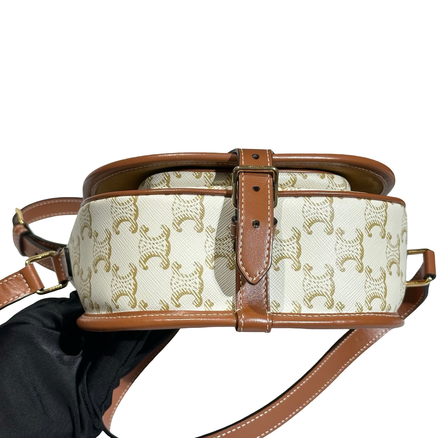 Used CÉLINE Canvas Folco Medium Cross Body Bag White Brown GHW