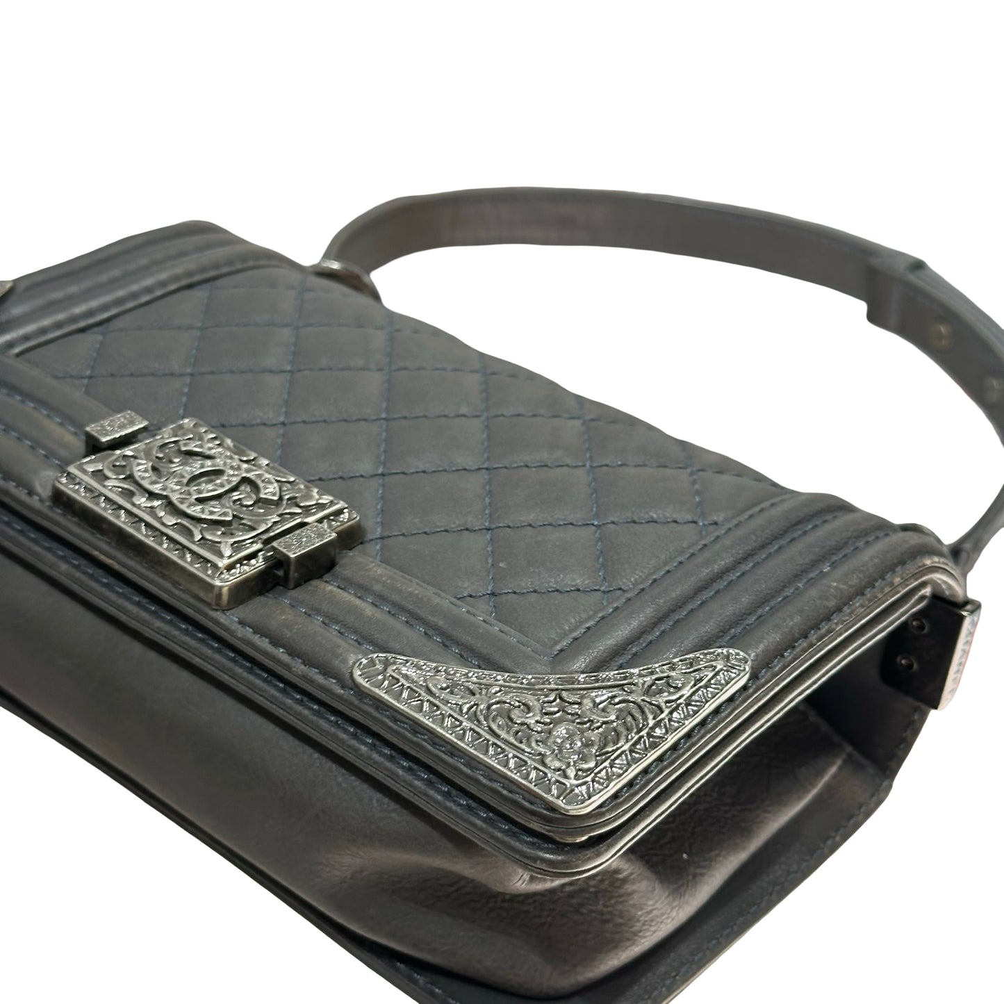Used CHANEL Boy 20cm Cross Body Bag Grey PHW