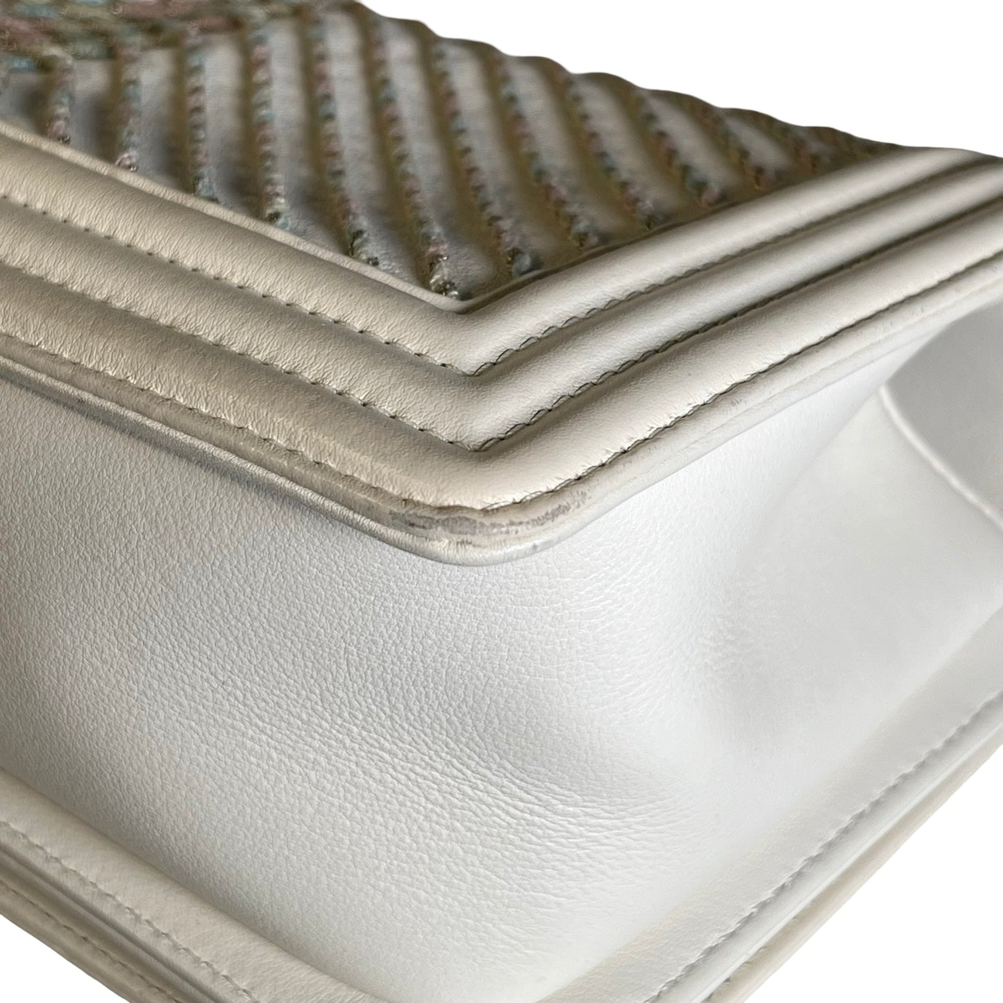 Used CHANEL Chevron Leather Boy Bag Chain Shoulder Bag White Multi-color