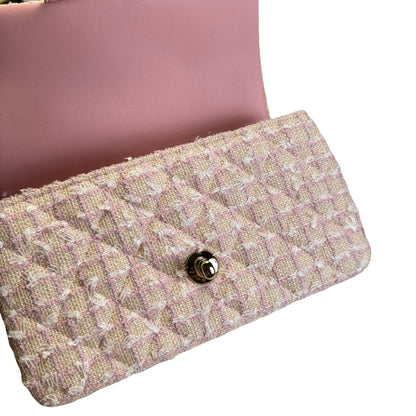 Used CHANEL Tweed Quilted Mini Flap Bag with Top Handle Handbag Pink White