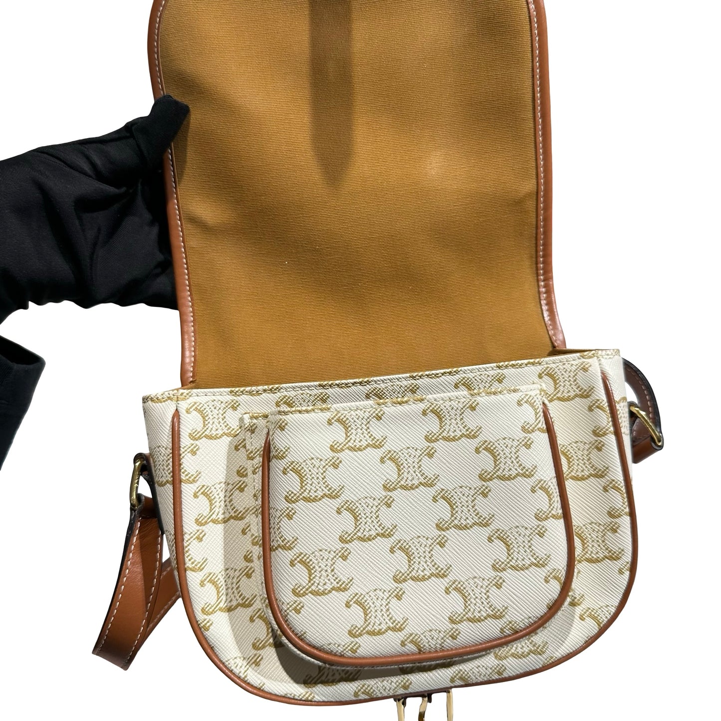 Used CÉLINE Canvas Folco Medium Cross Body Bag White Brown GHW