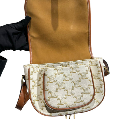 Used CÉLINE Canvas Folco Medium Cross Body Bag White Brown GHW