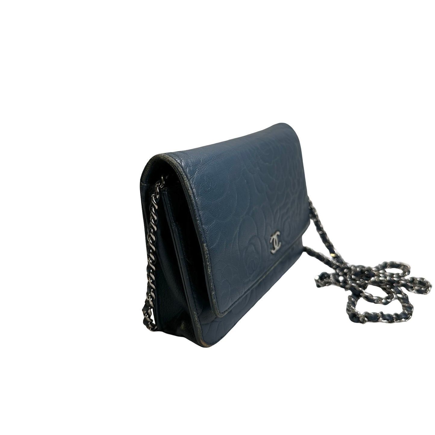 Used CHANEL Camellia Leather Wallet on chain Wallet on chain Navy