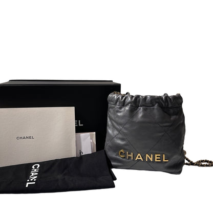 Used CHANEL Calfskin Leather Mini 22 Cross Body Bag Grey PHW