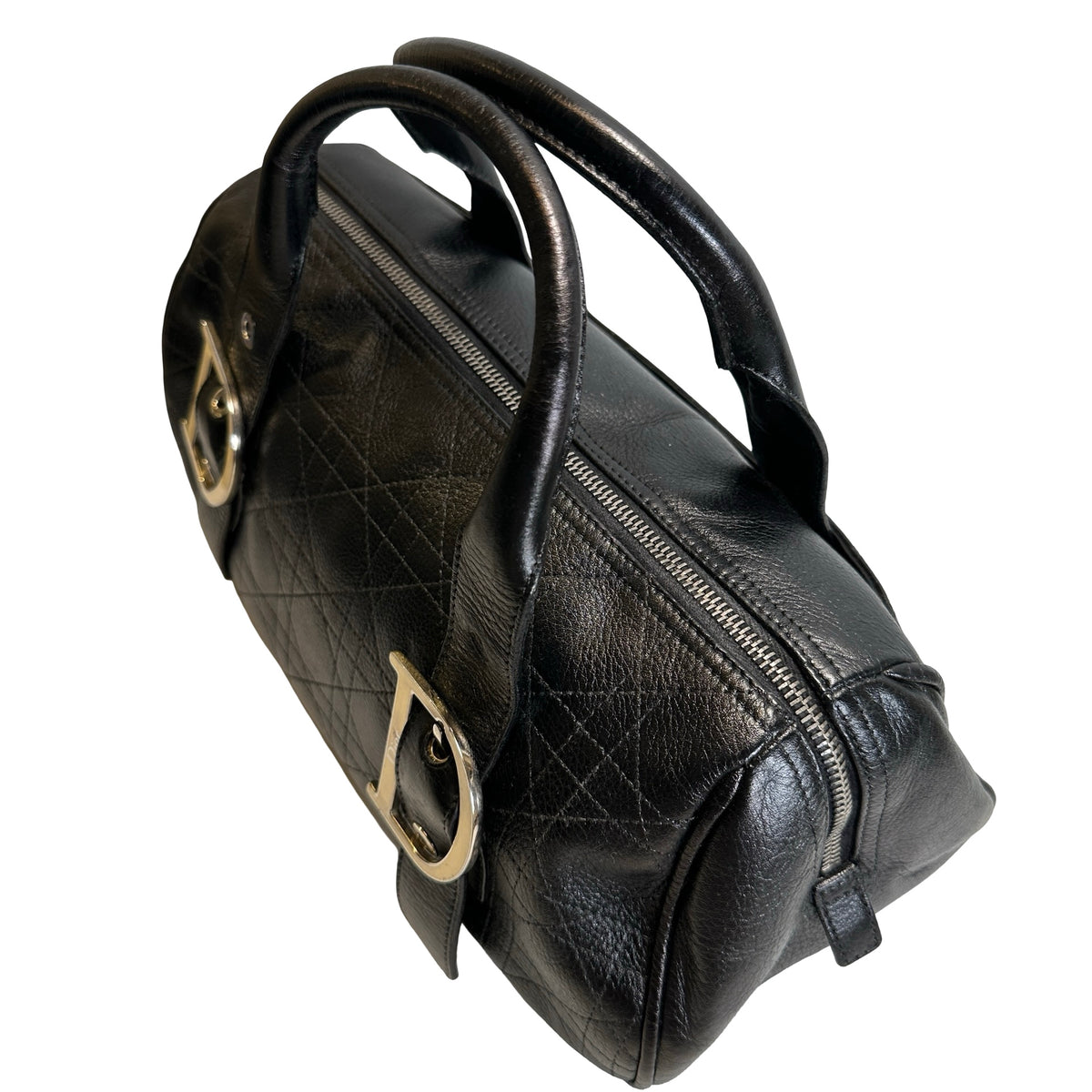 Used DIOR Cannage Leather Cannage Handbag Handbag Black Silver