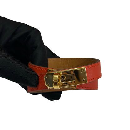 Used HERMES Leather Kelly Double Tour BRACELET Orange Gold
