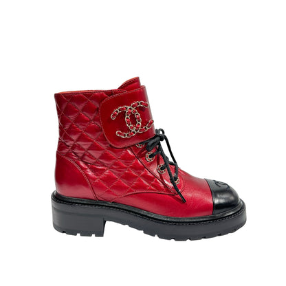 Used CHANEL Calfskin Leather Lace Up Combat Boots Shoes Red Black GHW