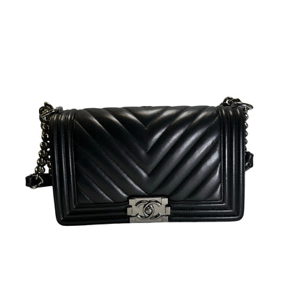 Used CHANEL Chevron Leather Boy Chanel Shoulder Bag Black Silver