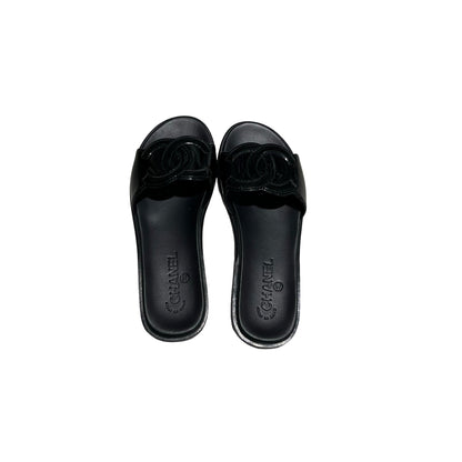 Used CHANEL Leather Patent Leather Sandals Shoes Black
