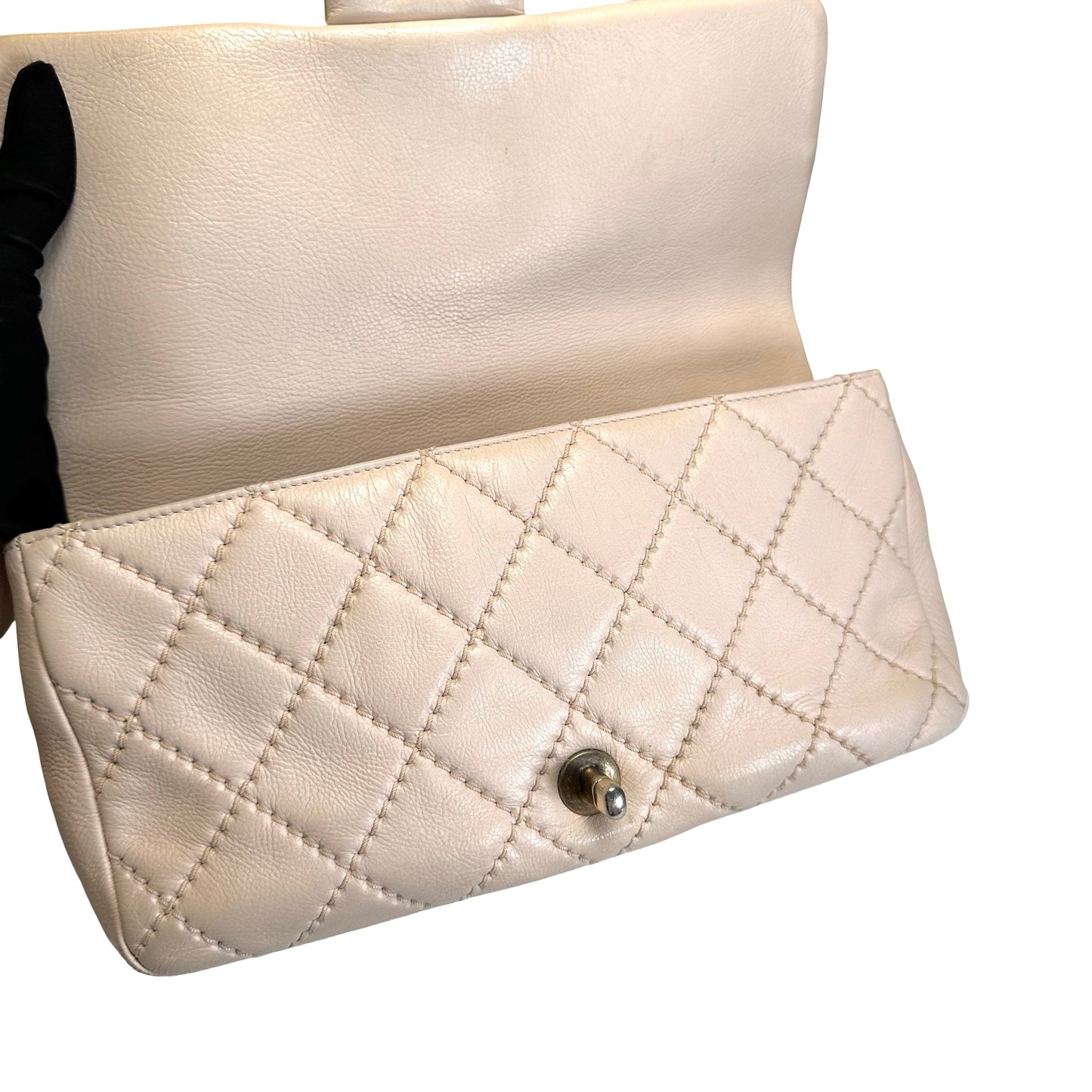 Used CHANEL Quilted Leather Kelly Flap Handbag Beige Gold Tone Hardware