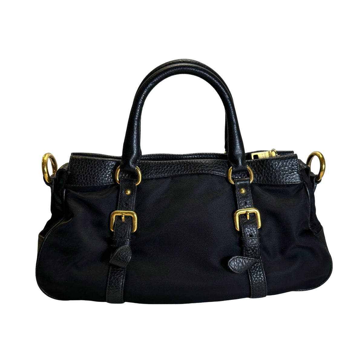Used PRADA Nylon Leather Tessuto Vitello Daino Satchel Handbag Black Gold