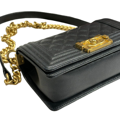 Used CHANEL Caviar Leather Boy 20cm Chain Shoulder Bag Black GHW