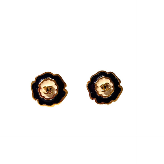 Used CHANEL Camellia CC Earrings Accessories Black White GHW