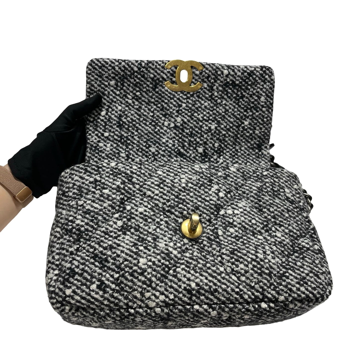 Used CHANEL Tweed Chanel 19 Handbag Black White