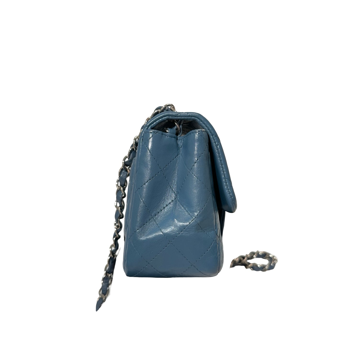 Used CHANEL Calfskin Leather Flap mini 17cm Cross Body Bag Blue PHW