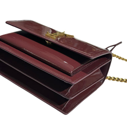New SAINT LAURENT Patent Leather Small Sunset Chain Shoulder Bag Burgundy