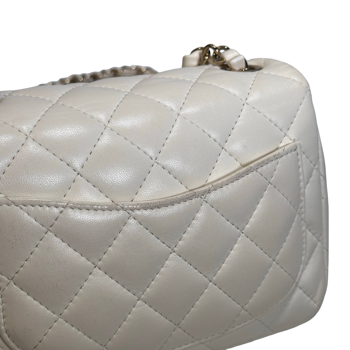 Used CHANEL Quilted Lambskin Classic Mini Rectangular Flap Bag Chain Shoulder Bag White GHW