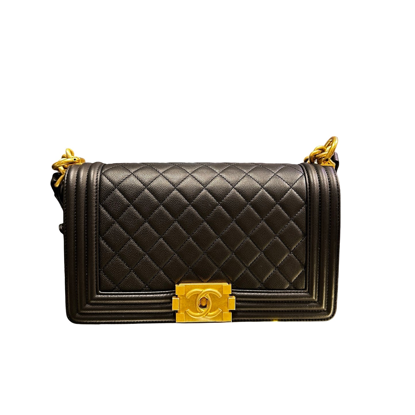 Used Chanel Calfskin Leather Boy 25cm Shoulder Bag Black GHW
