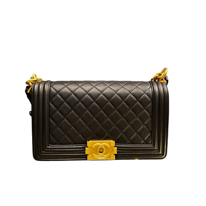Used Chanel Calfskin Leather Boy 25cm Shoulder Bag Black GHW