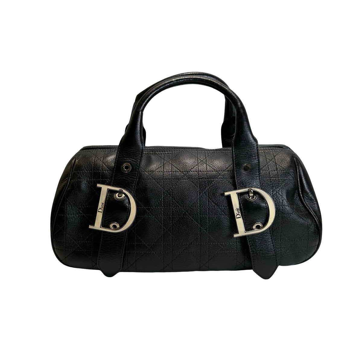 Used DIOR Cannage Leather Cannage Handbag Handbag Black Silver