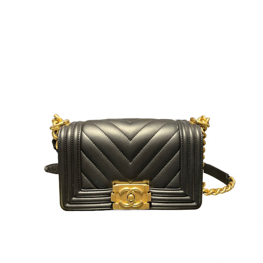 Used Chanel Lambskin Leather Boy 20 V line Shoulder Bag Black GHW