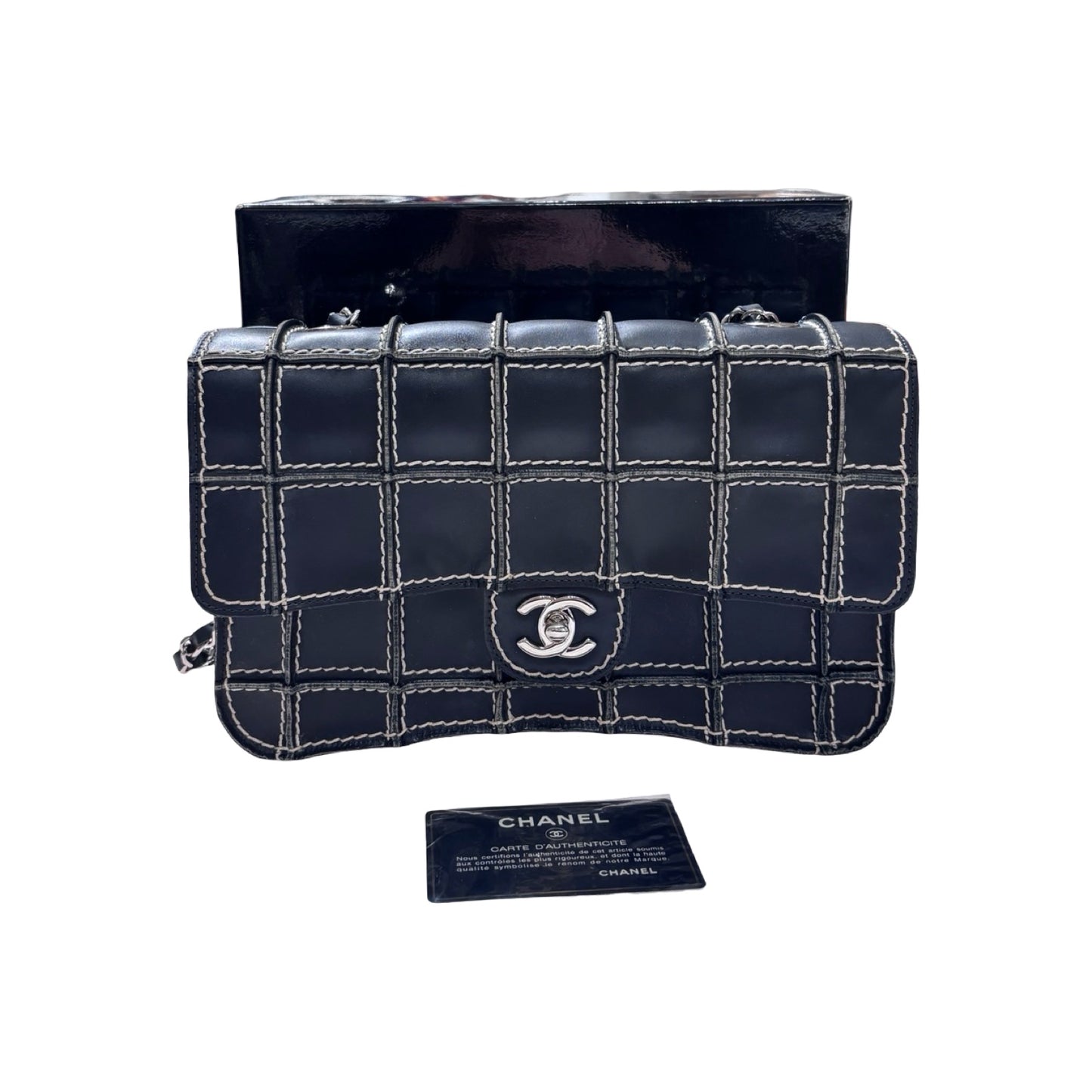 Used CHANEL Calfskin Leather Square Stitch Flap Chain Shoulder Bag Black GHW