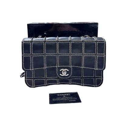 Used CHANEL Calfskin Leather Square Stitch Flap Chain Shoulder Bag Black GHW