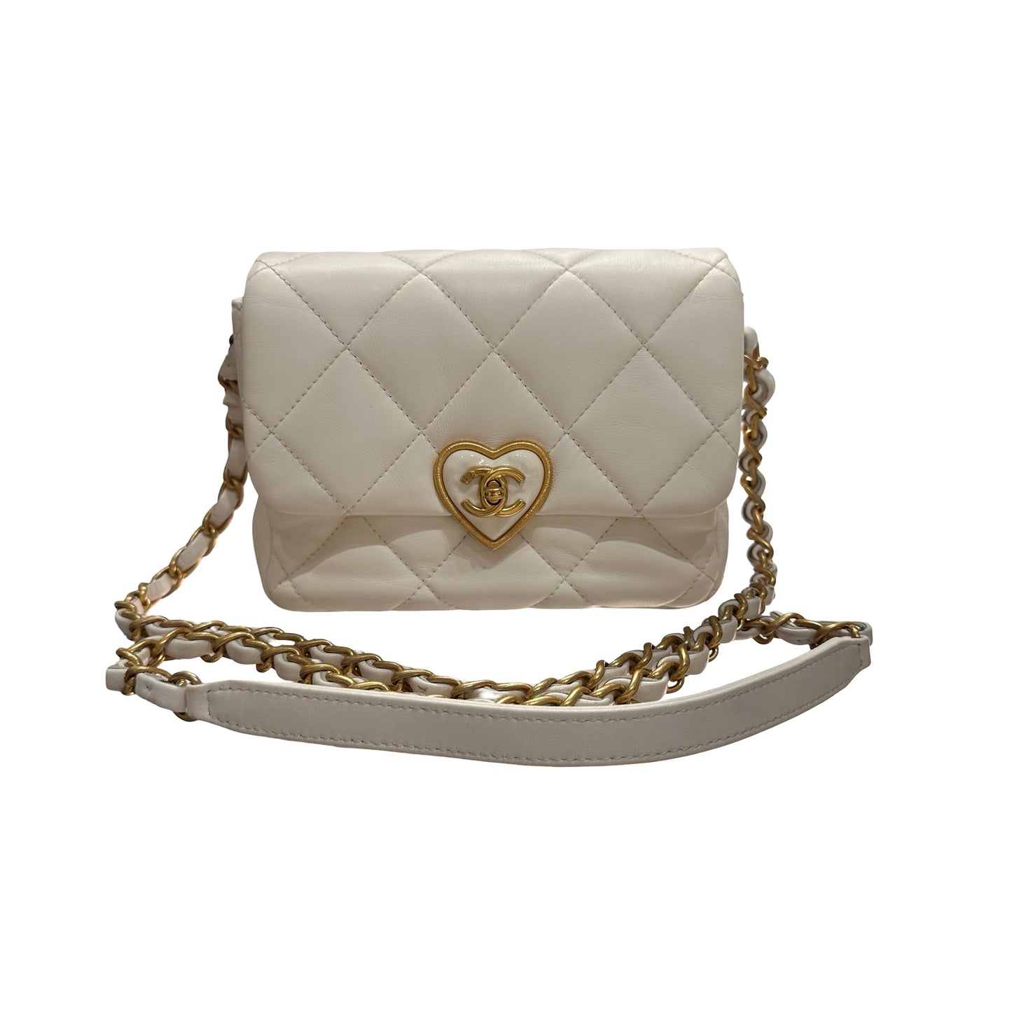 Used CHANEL 23S HEART CLASSIC FLAP Cross Body Bag White GHW