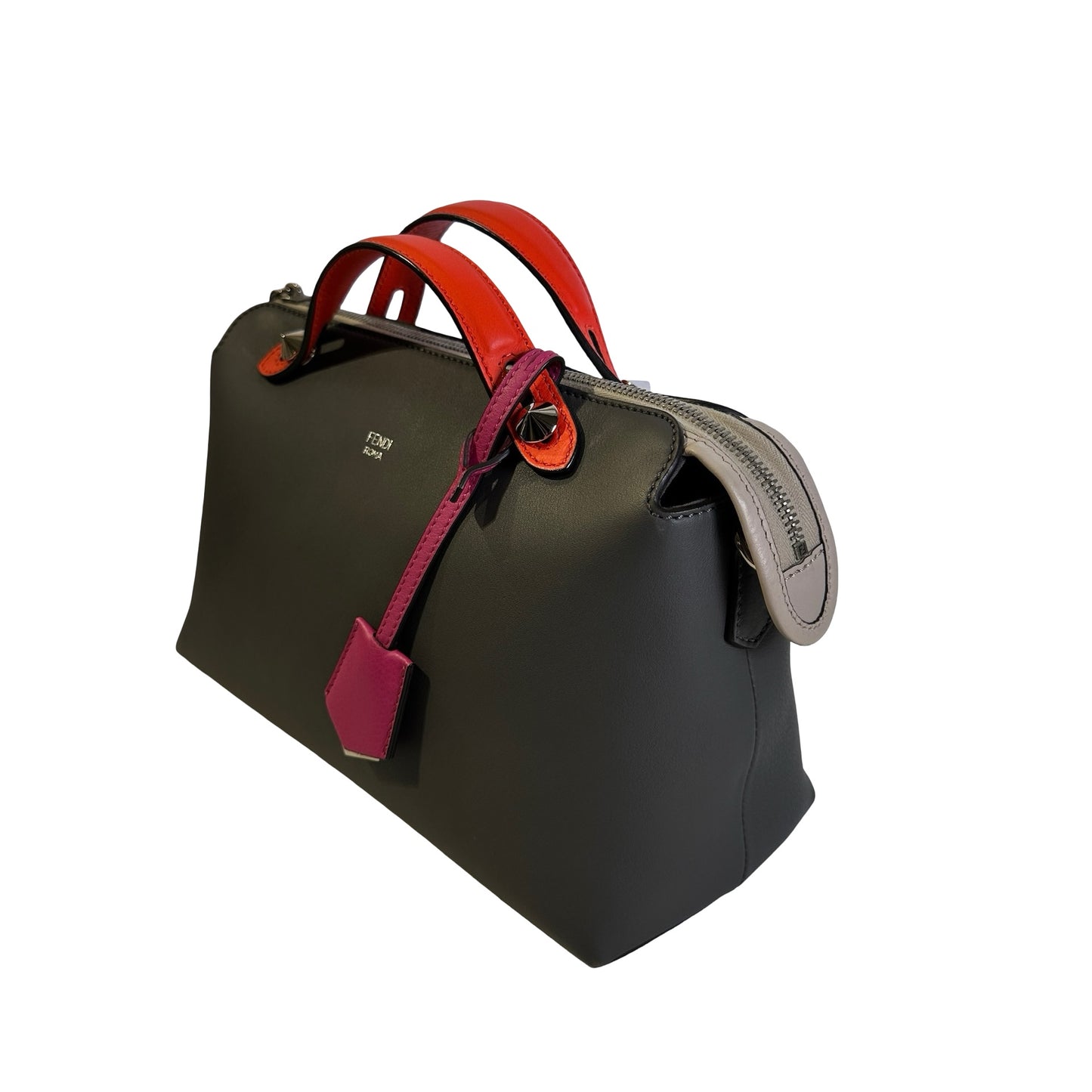 Used FENDI Leather By The Way Handbag Grey Orange Pink