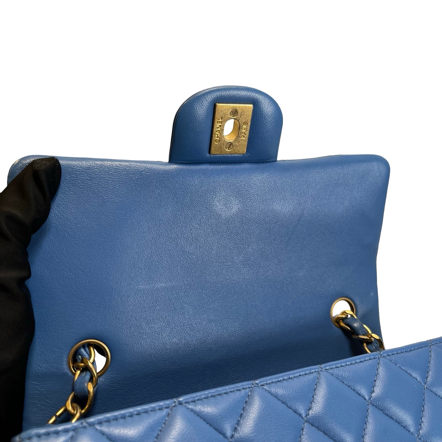 Used CHANEL Quilted Lambskin Classic Flap Handbag Blue Gold hardware